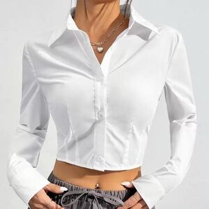 White Cropped Fitted Button Down Shirt
